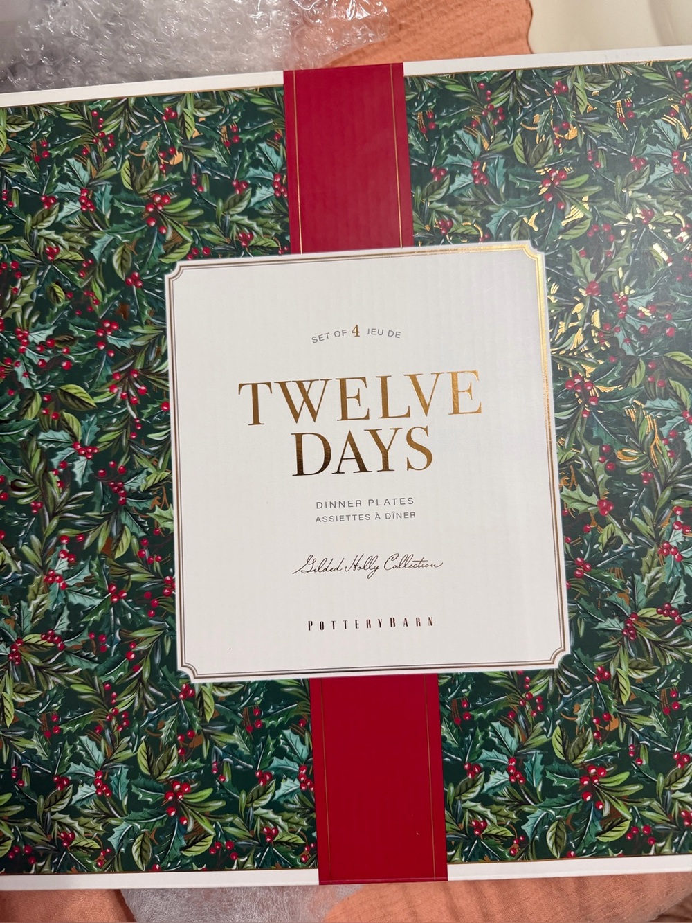 Pottery Barn Twelve Days Dinner Plates Gilded Holly Collection Set of 4 NIB New